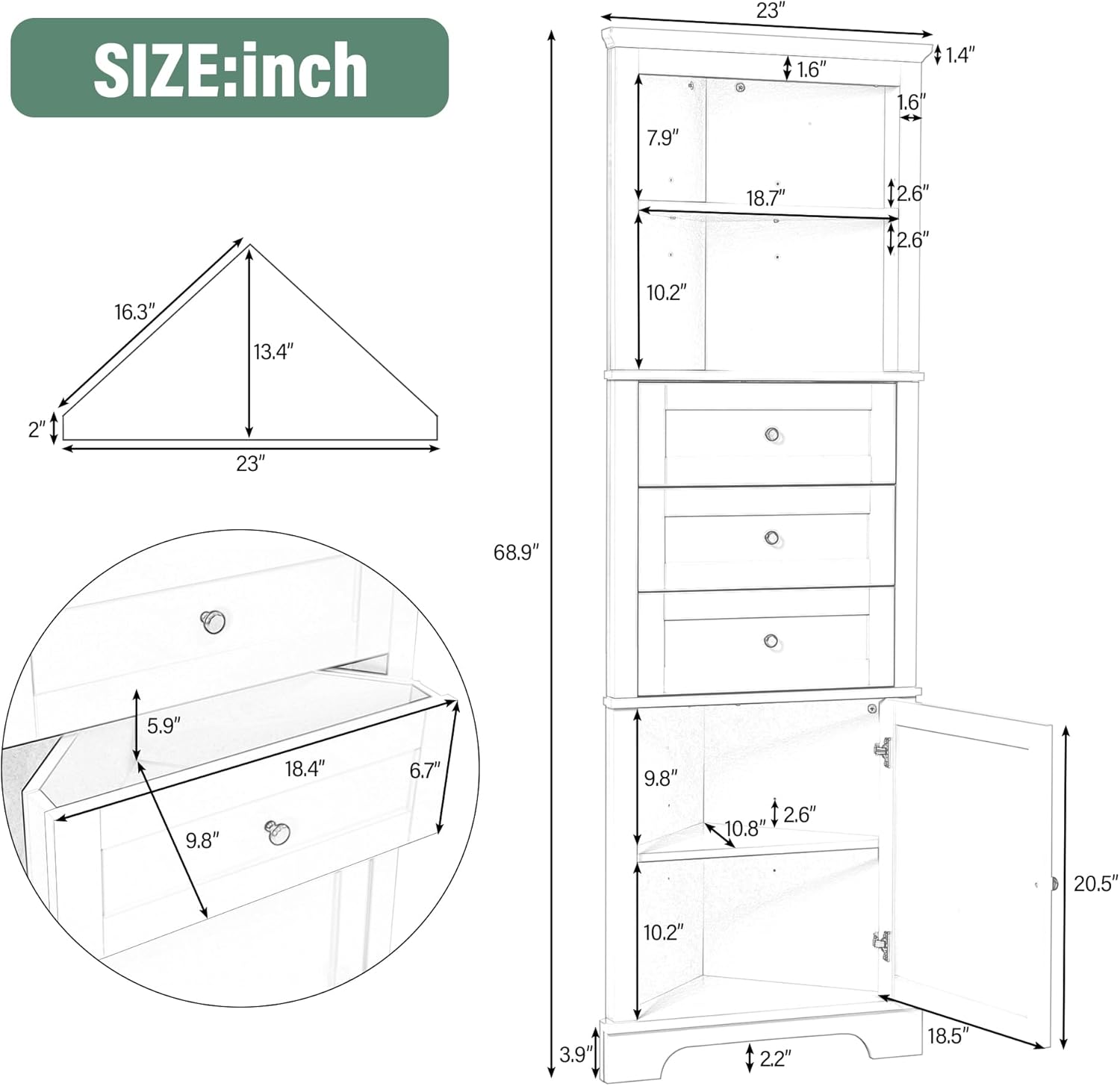 Corner Bathroom Storage Cabinet Tall, Freestanding Organizer with 3 Drawers & 2 Shelves, Narrow Floor Cabinet for Bathroom, Kitchen, Laundry Room, White Storage Shelves Unit for Small Space(Black)