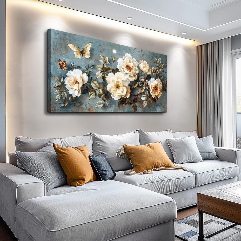 PHAOHUAXM Large Canvas Wall Art For Bedroom Wall Decorations For Living Room Office Decor Abstract Pictures White Flower Dining Room Painting Artwork Modern Framed Posters Home Decoration 24"x48"