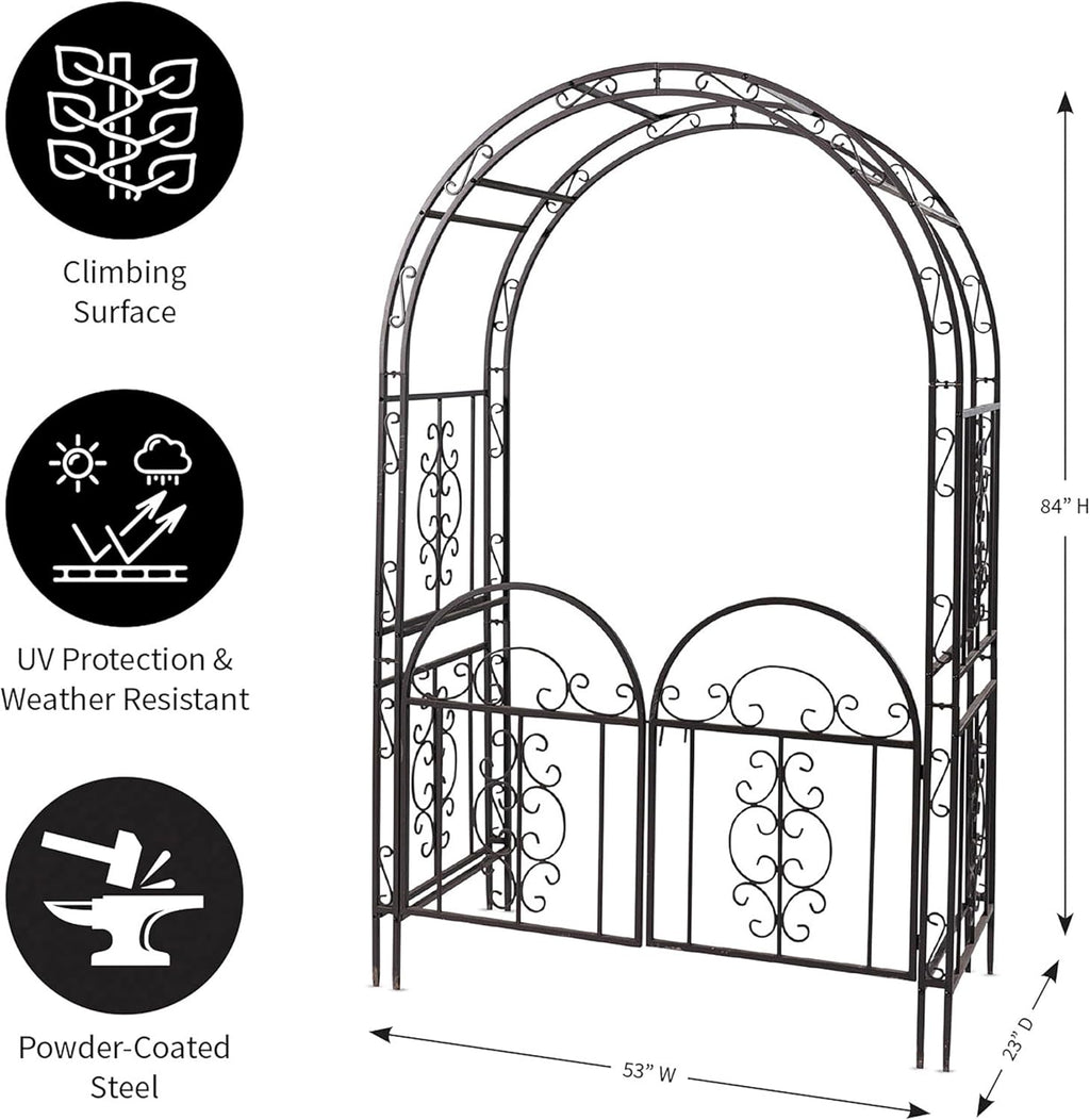 Plow & Hearth Arch Metal Outdoor Garden Arbor Double Gate | Montebello | 7 Feet Tall | Gunmetal Black | Trellis Lattice Climbing Plants
