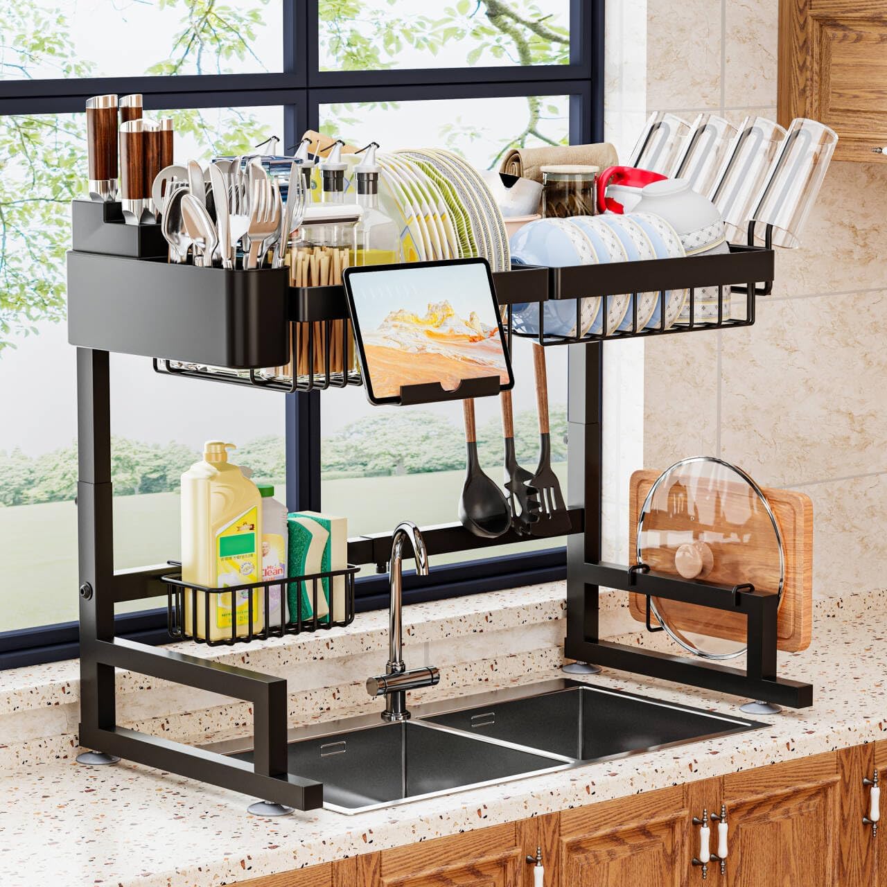 Over Sink Dish Drying Rack (Expandable Height/Length) Snap-On Design Large Dish Drainer Storage Counter Organizer (31-39.5L x 12W x 34-38H inches)