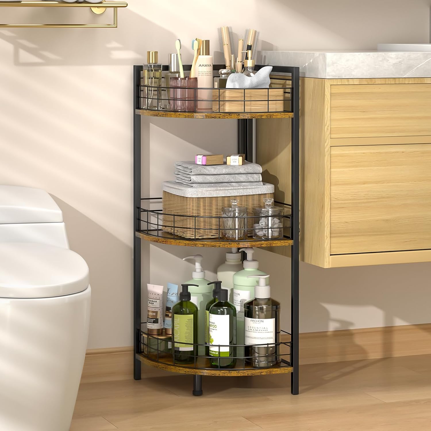 Bathroom Standing Shelf, 3 Tier Open Floor Shelves, Free-Standing Shelf Units, Triangular Curved Corner Shelf Stand for Small Space, Ideal for Bathroom,Kitchen,Vanity Storage and Organizer