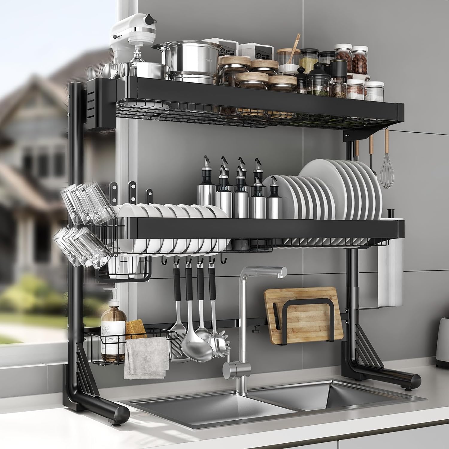 Over The Sink Dish Drainer Drying Rack 3 Tier, Full Stainless Steel Dish Drying Rack Adjustable Length 20.9''-37.4'', Kitchen Sink Shelf, Organized Space-Saving Dish Rack