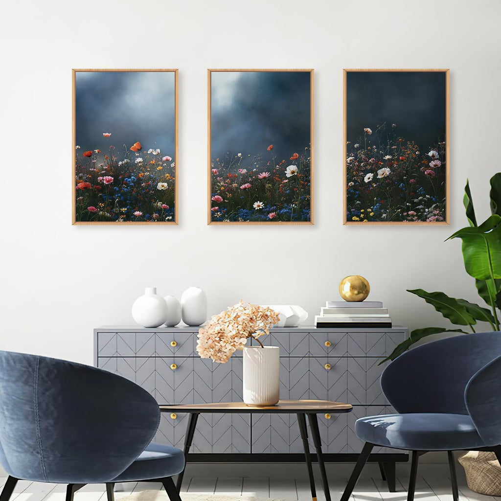 LHIUEM Large Nature Moody Floral Framed Canvas Wall Art,Abstract Dark Wall Decor,Wildflower Botanical Landscape Wall Painting,Picture Artwork for Living Room,Bedroom,Dining Room,Office -24"x36"x3