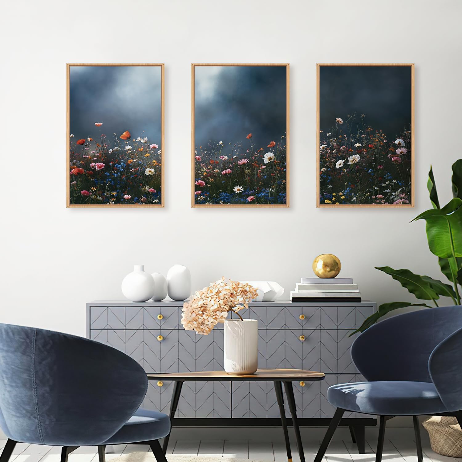 LHIUEM Large Nature Moody Floral Framed Canvas Wall Art,Abstract Dark Wall Decor,Wildflower Botanical Landscape Wall Painting,Picture Artwork for Living Room,Bedroom,Dining Room,Office -24"x36"x3