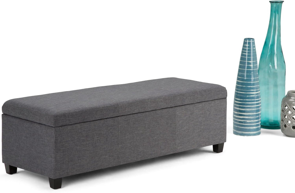 SIMPLIHOME Avalon 48 inch Wide Contemporary Rectangle Storage Ottoman Bench in Slate Grey Linen Look Fabric, Assembled, for the Living Room, Entryway and Family Room