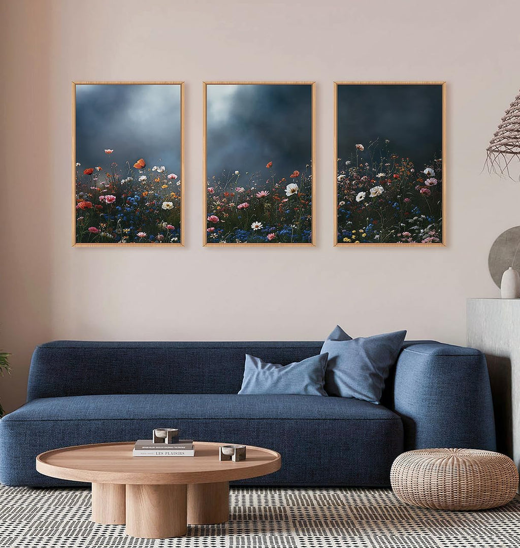 LHIUEM Large Nature Moody Floral Framed Canvas Wall Art,Abstract Dark Wall Decor,Wildflower Botanical Landscape Wall Painting,Picture Artwork for Living Room,Bedroom,Dining Room,Office -24"x36"x3