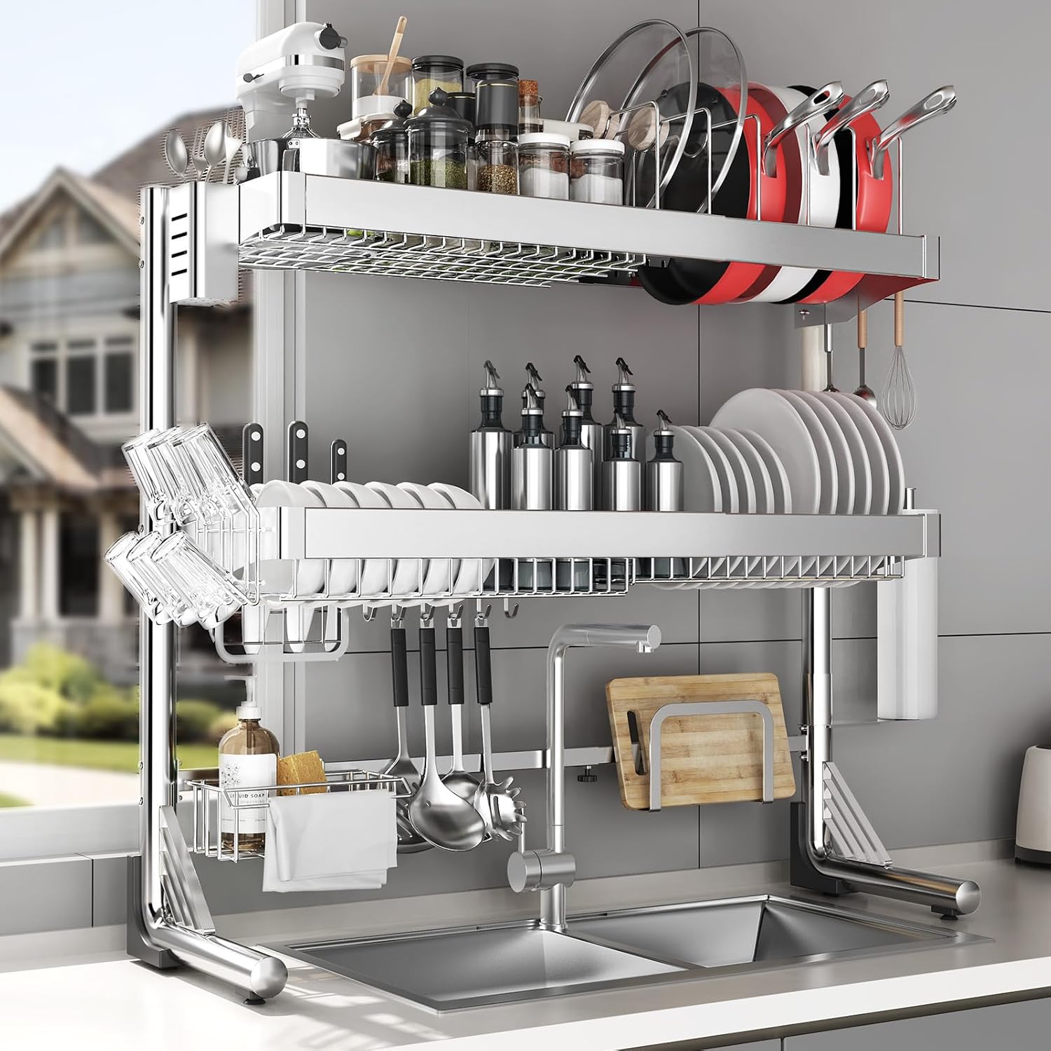 Over The Sink Dish Drainer Drying Rack 3 Tier, Full Stainless Steel Dish Drying Rack Adjustable Length 20.9''-37.4'', Kitchen Sink Shelf, Organized Space-Saving Dish Rack