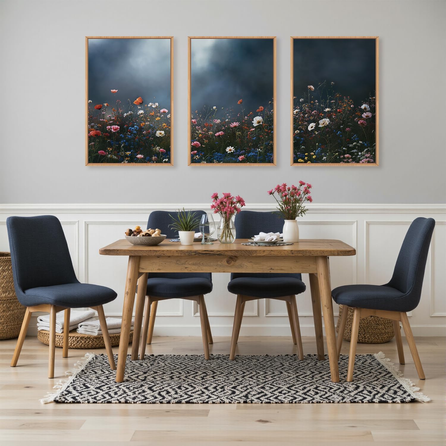 LHIUEM Large Nature Moody Floral Framed Canvas Wall Art,Abstract Dark Wall Decor,Wildflower Botanical Landscape Wall Painting,Picture Artwork for Living Room,Bedroom,Dining Room,Office -24"x36"x3