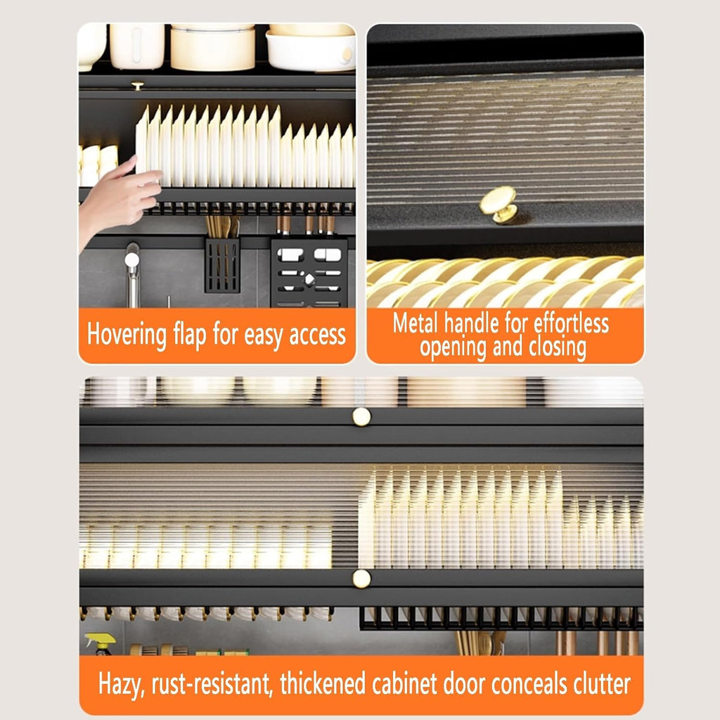 Large 3-Tier Over Sink Dish Drying Rack with Flip-top Door,Kitchen Counter Utensil Holder Organizers Space-Saving,Multifunctional Metal Counter Shelf,for Plates Bowl(White,65cm/25.6in)