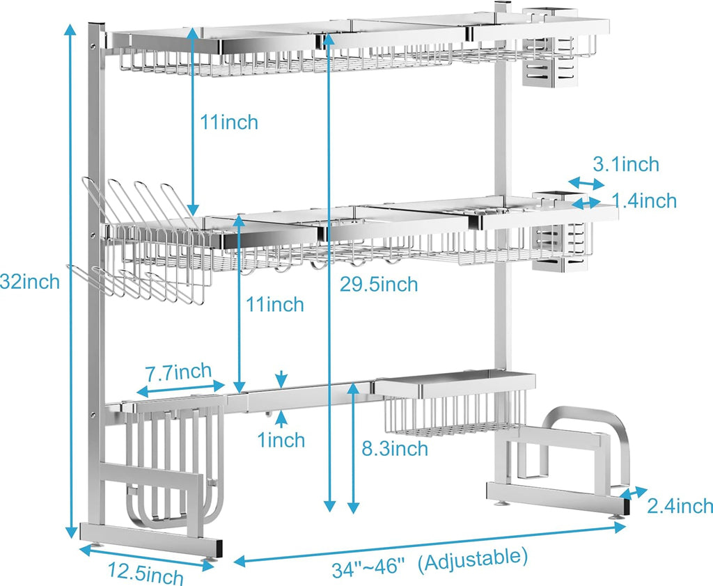 PUSDON Over Sink Dish Drying Rack Stainless Steel, Adjustable Large Dish Drainer for Storage Kitchen Organization Silver 3 Tier - Standard(34"-46")
