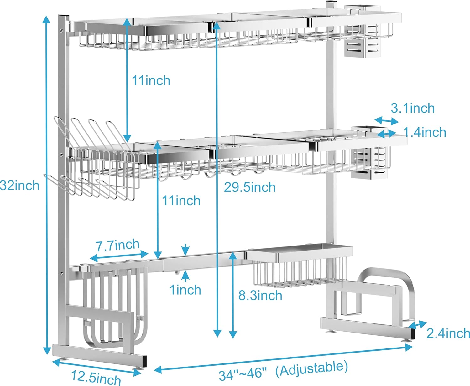 PUSDON Over Sink Dish Drying Rack Stainless Steel, Adjustable Large Dish Drainer for Storage Kitchen Organization Silver 3 Tier - Standard(34"-46")