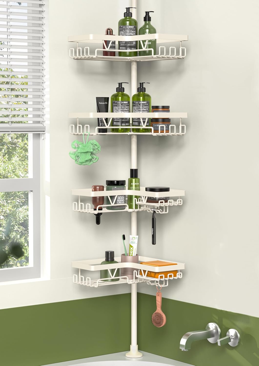 KEGII Corner Shower Caddy Tension Pole - Shower Tension Rod Organizer, Floor to Ceiling Shower Caddy 25-114.2 inch, Towel Rack Corner Waterproof, Black