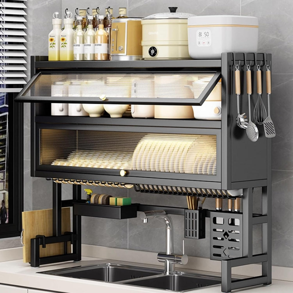 Large 3-Tier Over Sink Dish Drying Rack with Flip-top Door,Kitchen Counter Utensil Holder Organizers Space-Saving,Multifunctional Metal Counter Shelf,for Plates Bowl(White,65cm/25.6in)