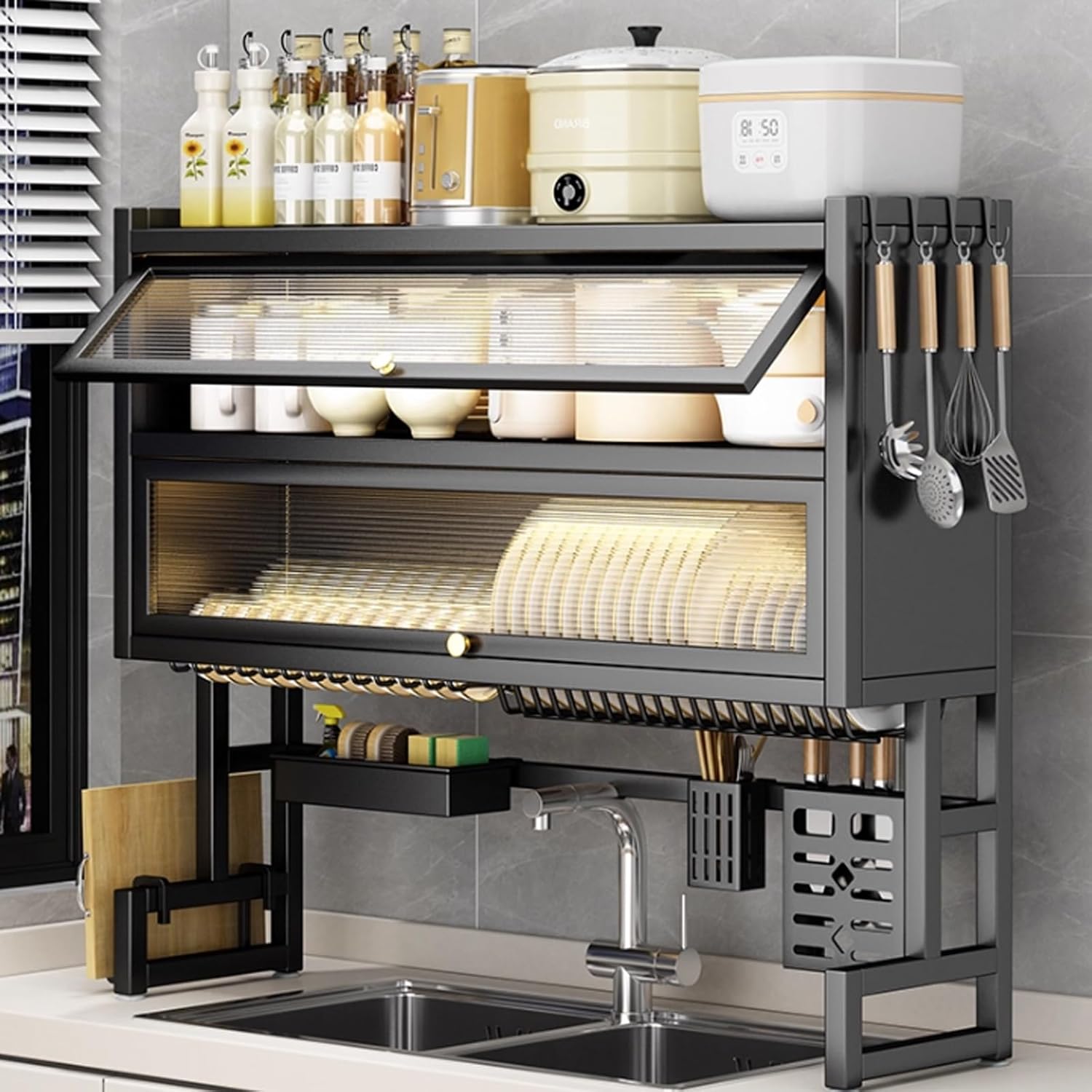 Large 3-Tier Over Sink Dish Drying Rack with Flip-top Door,Kitchen Counter Utensil Holder Organizers Space-Saving,Multifunctional Metal Counter Shelf,for Plates Bowl(White,65cm/25.6in)