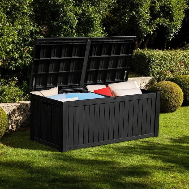 YITAHOME 120 Gallon Large Outdoor Storage Box with X-Shaped Front, Waterproof Resin Deck Box Cushion Storage Bench for Patio, Pool Supplies, Garden Tools - Lockable, Black