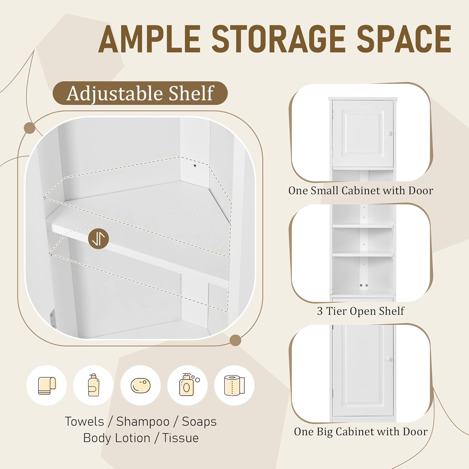 Tall Corner Cabinet for Bathroom - Narrow Space Saving Storage with Doors & Adjustable Shelves，Freestanding for Bathroom (White + Medium Density Fiberboard)