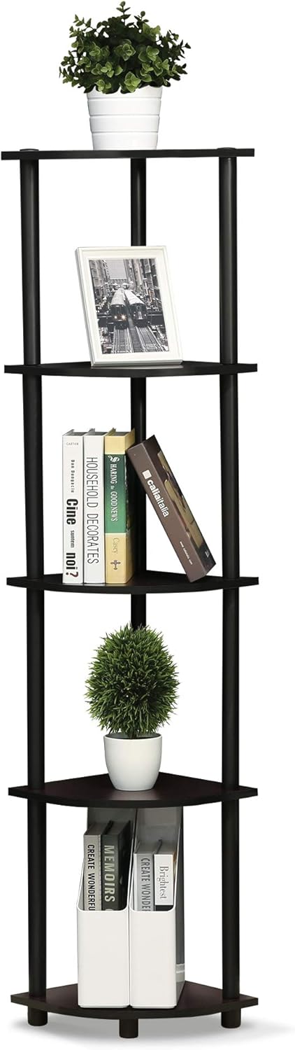 Furinno Turn-N-Tube 5 Tier Corner Display Rack Multipurpose Shelving Unit, 1-Pack, Espresso/Black