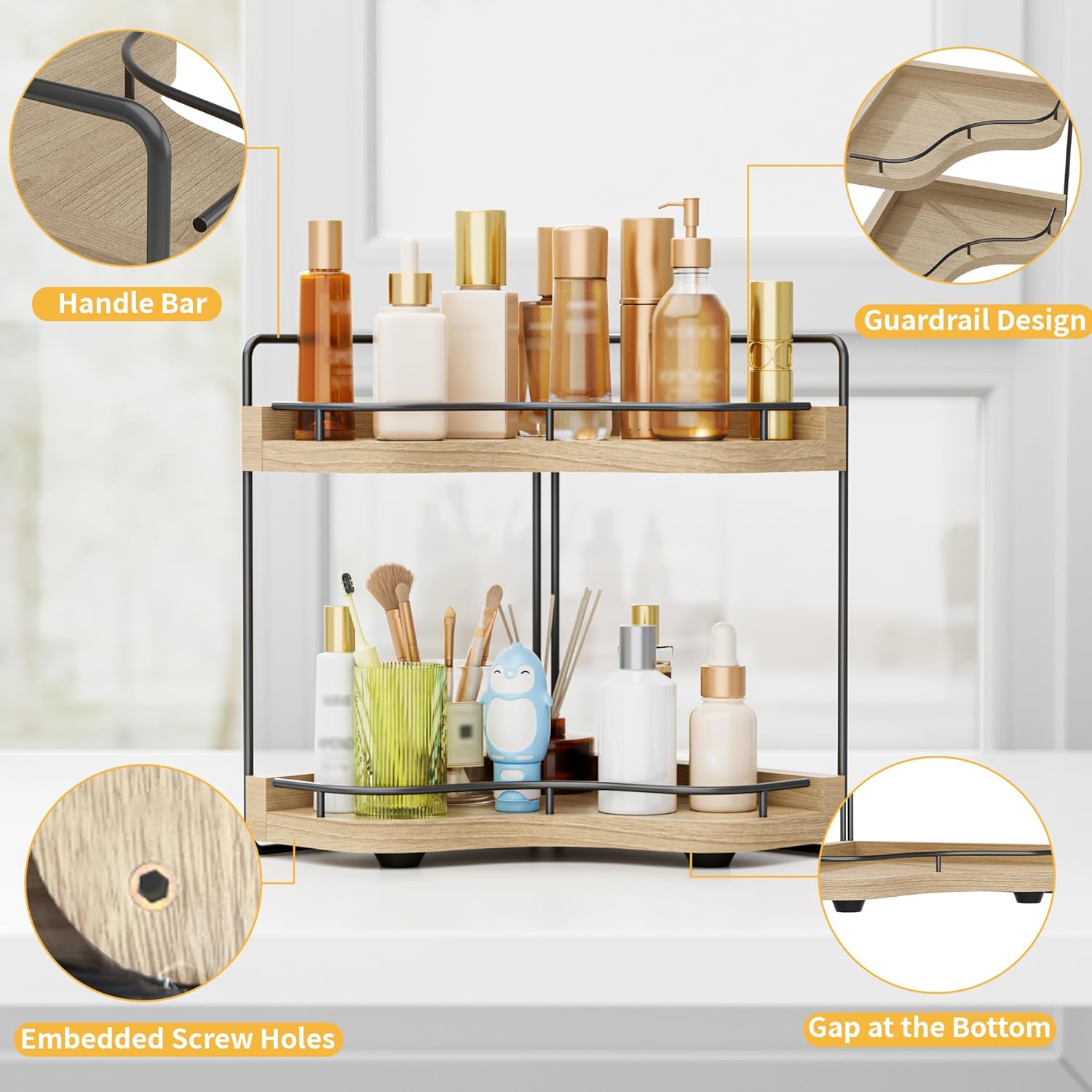 2-Tier Corner Bathroom Counter Organizer with Embedded Screw Holes, Secure & Stable Wood Vanity Shelf for Makeup and Skincare Essentials - Space Saving Bathroom Countertop Storage