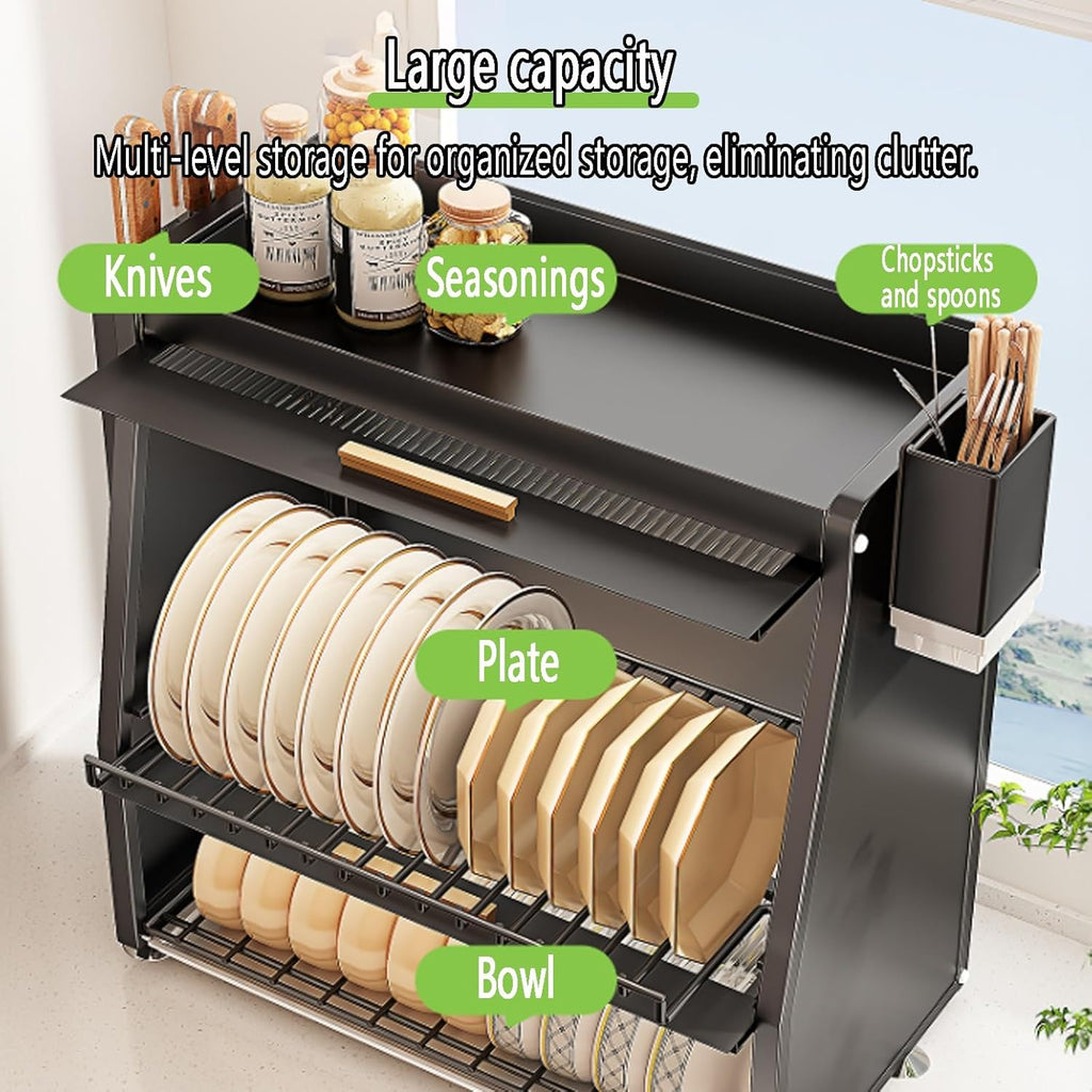 3 Tier Over The Sink dish racks with Flip-Cover Cabinet Doors,Large Kitchen Counter Organization rack,space saving kitchen sink organizer countertop,Carbon Steel,for Dishes, Glasses,Bowls(White)