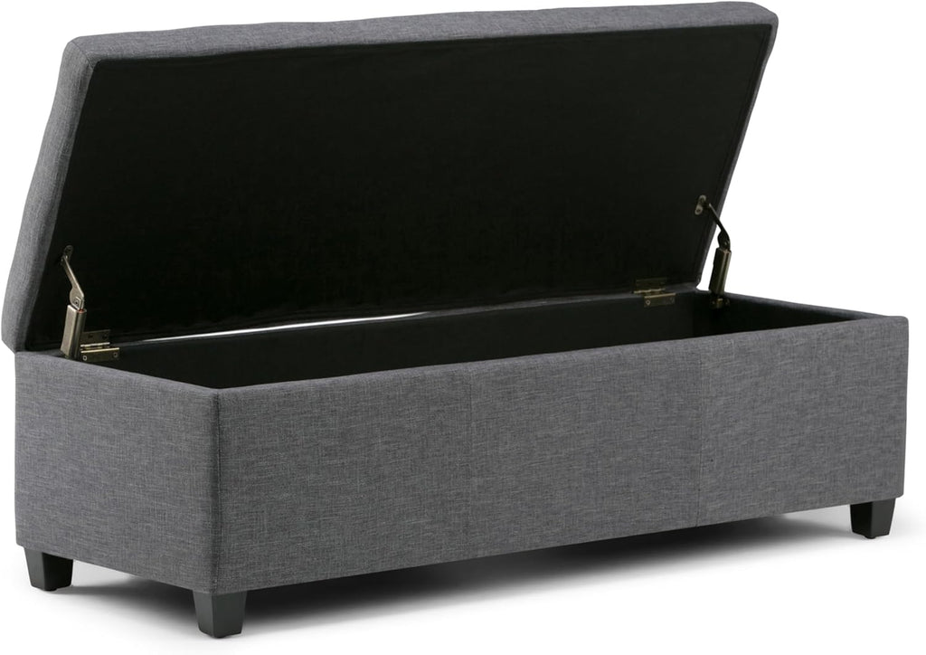 SIMPLIHOME Avalon 48 inch Wide Contemporary Rectangle Storage Ottoman Bench in Slate Grey Linen Look Fabric, Assembled, for the Living Room, Entryway and Family Room