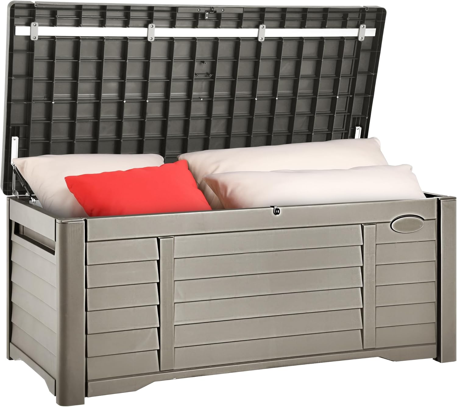 YITAHOME 120 Gallon Large Outdoor Storage Deck Box, Waterproof Cushion Storage Bench with Lockable Lid for Patio, Pool Supplies, Garden Tools, Resin, Black & Brown