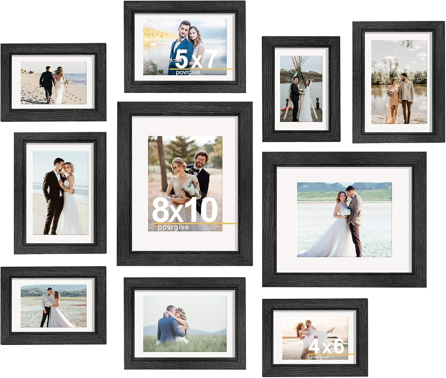 10 Pack Picture Frames Collage Wall Decor - Gallery Wall Frame Set with Mat for Wall Mounting or Tabletop Display, Including Two 8x10, Four 5x7, Four 4x6 Photo Frames, Real Glass