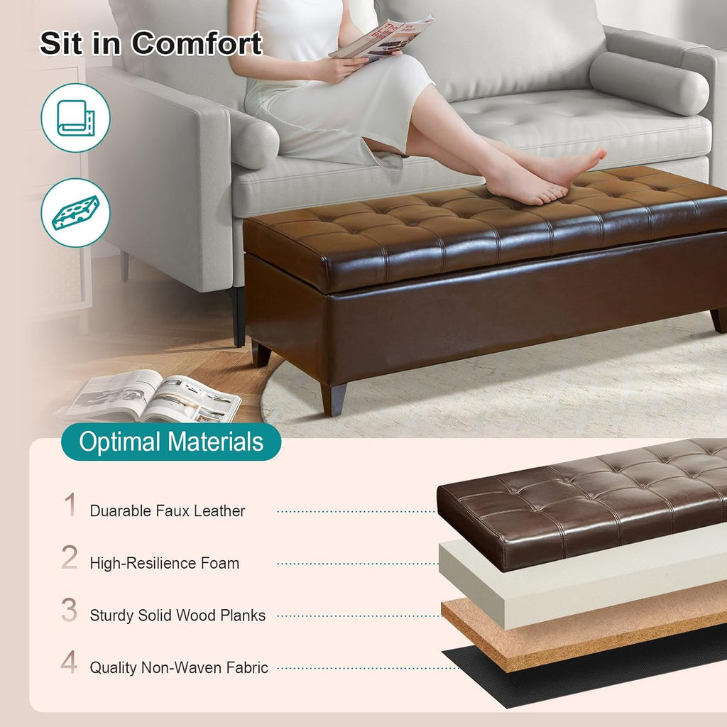 Joveco Storage Ottoman Bench, 51 Inch Leather Tufted Bench for End of Bed, Bedroom, Living Room, Dark Brown