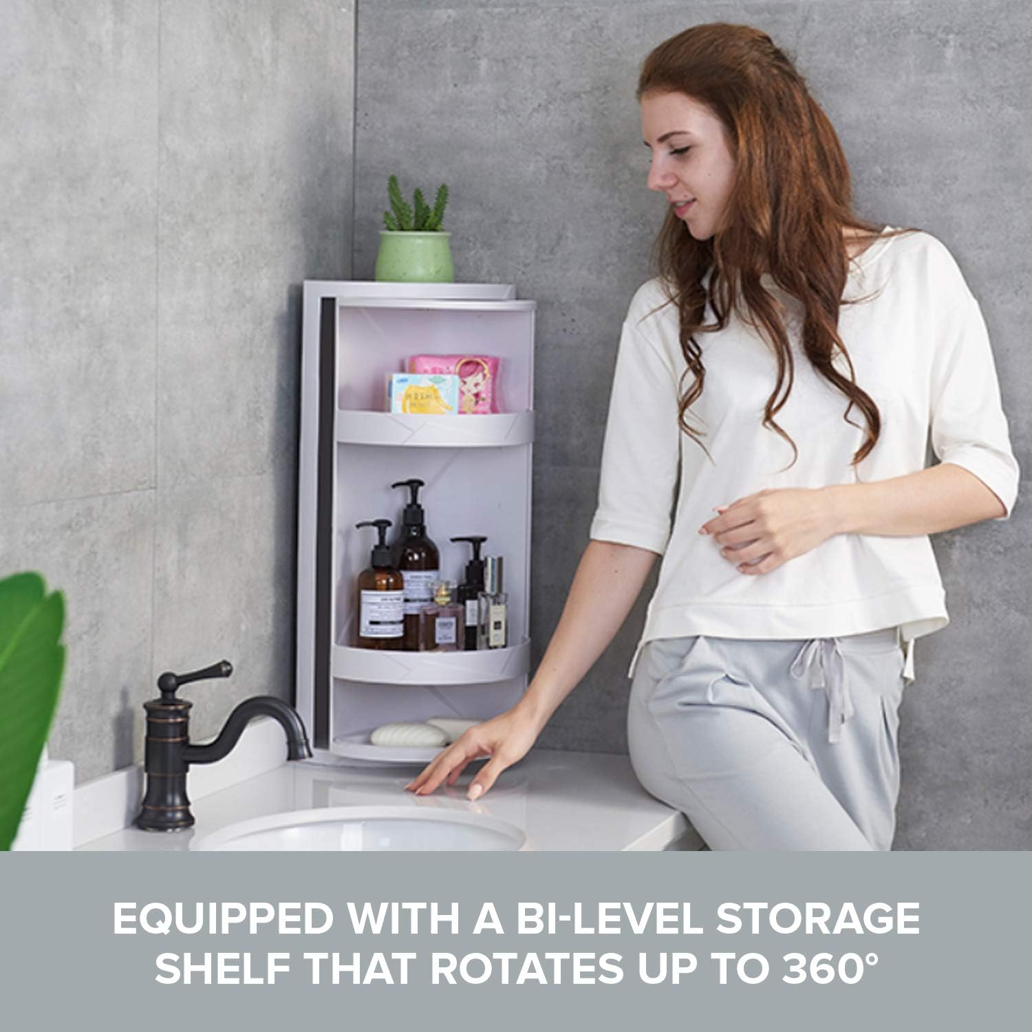 Bathroom Storage Corner Vanity Cabinet 24"x8.75"x8.75" Space Saver Rotating Organizer - 2-Tiered Storage Cabinet Countertop Storage or Wall Shelf - White Corner Shelf - Hidden Storage Rack