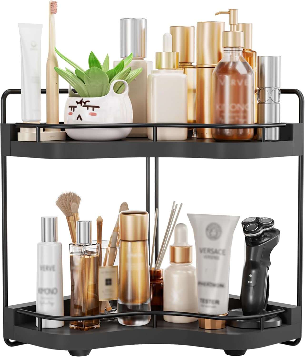 2-Tier Corner Bathroom Counter Organizer with Embedded Screw Holes, Secure & Stable Wood Vanity Shelf for Makeup and Skincare Essentials - Space Saving Bathroom Countertop Storage