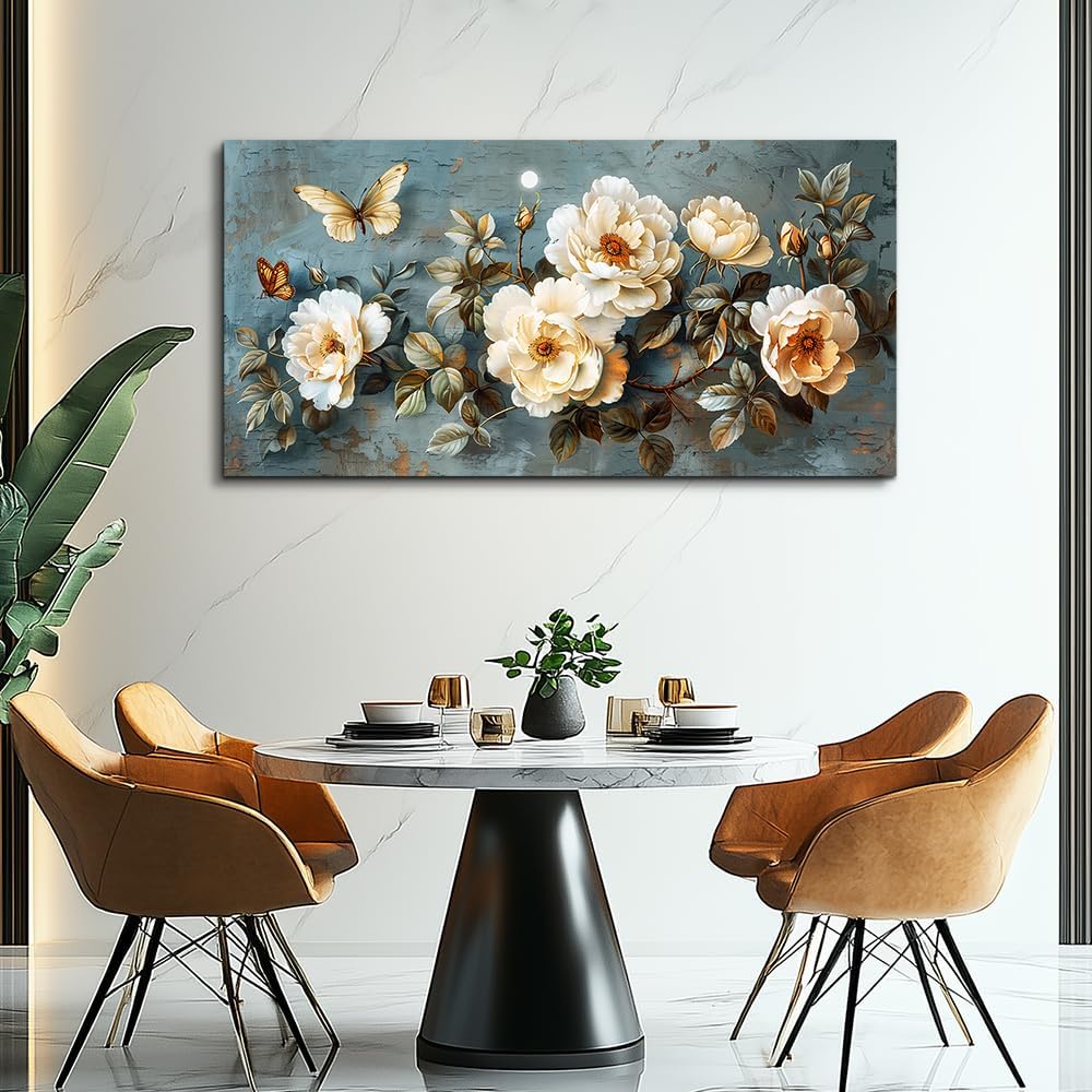PHAOHUAXM Large Canvas Wall Art For Bedroom Wall Decorations For Living Room Office Decor Abstract Pictures White Flower Dining Room Painting Artwork Modern Framed Posters Home Decoration 24"x48"