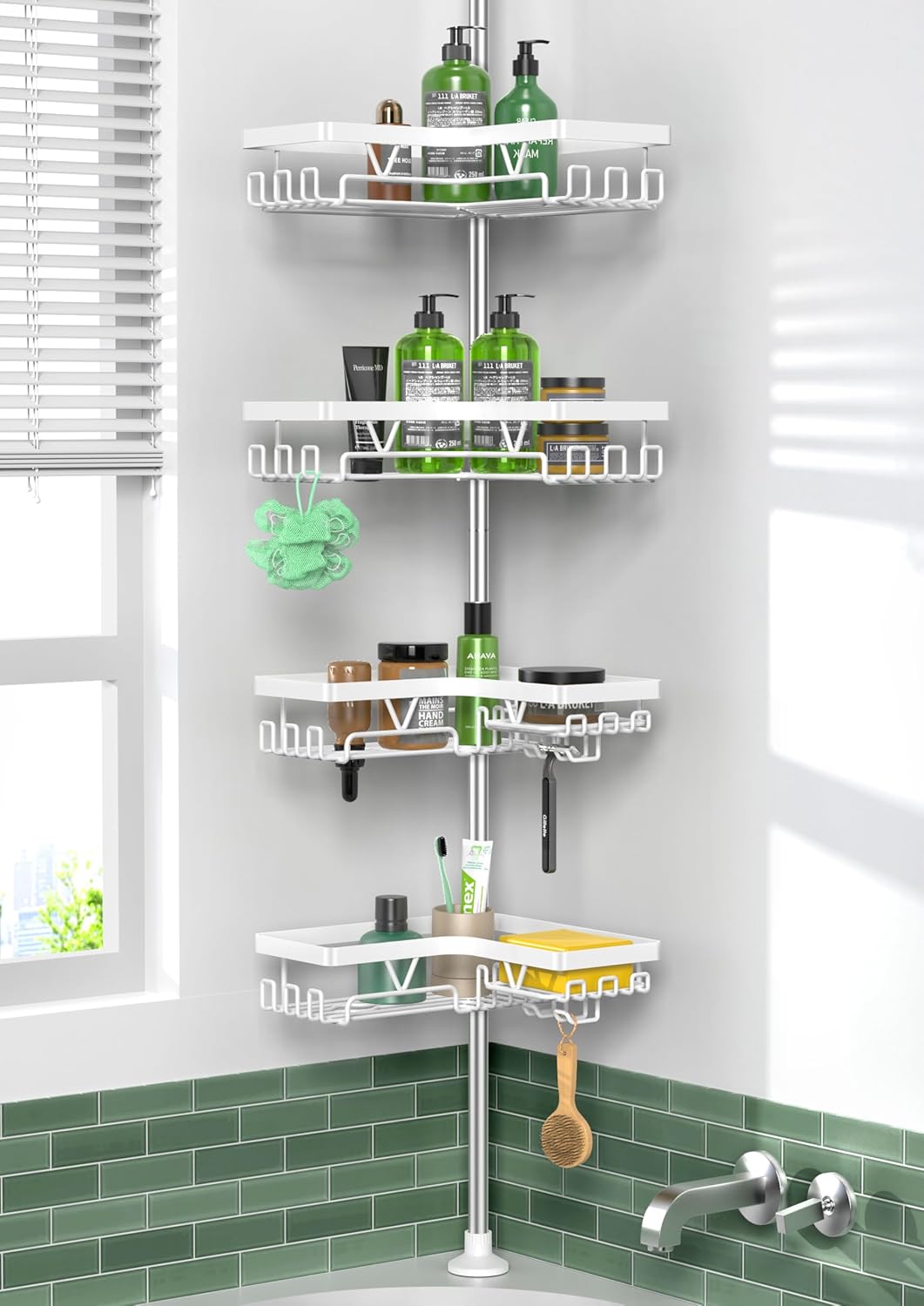 KEGII Corner Shower Caddy Tension Pole - Shower Tension Rod Organizer, Floor to Ceiling Shower Caddy 25-114.2 inch, Towel Rack Corner Waterproof, Black