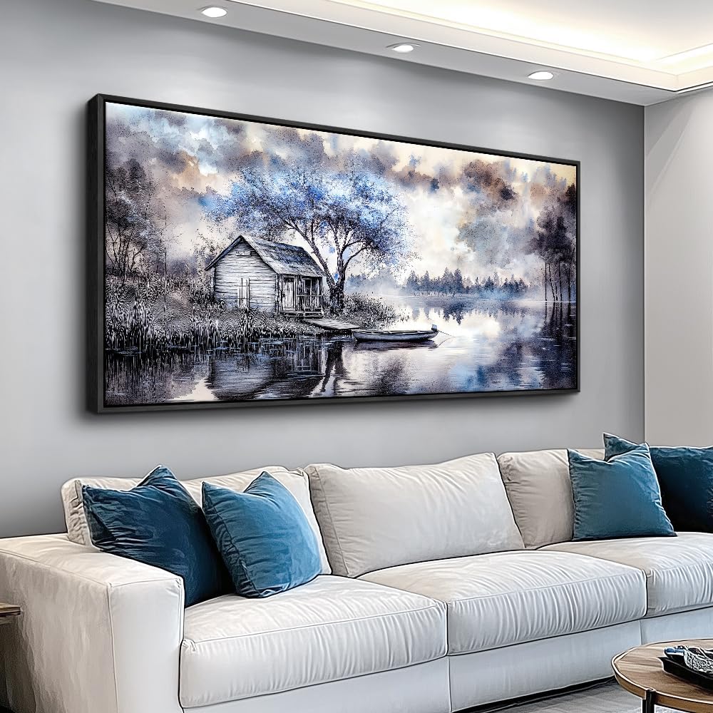 ERQINHUA Large Wall Art For Living Room Canvas Home Wall Decor For Office Bedroom Dining Room Wall Pictures Blue Tree Lakeside Landscape Painting Modern Art Print Beach Posters 24"x48" Black Frame