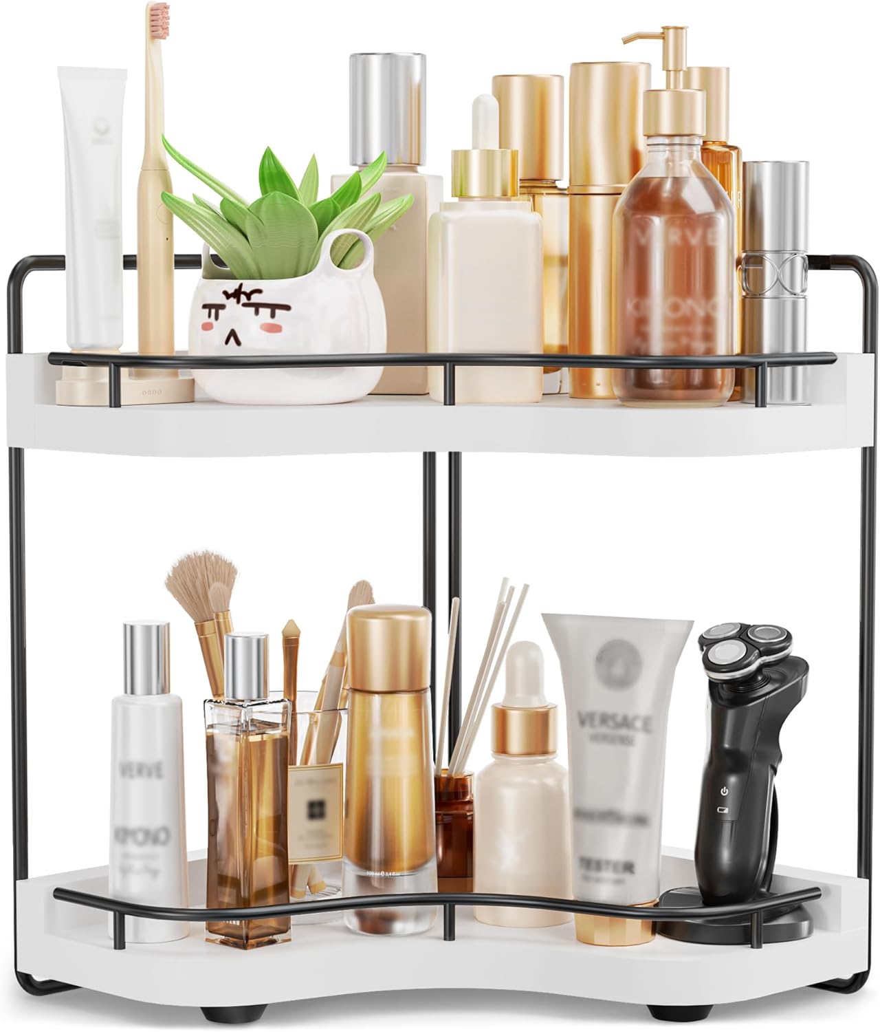 2-Tier Corner Bathroom Counter Organizer with Embedded Screw Holes, Secure & Stable Wood Vanity Shelf for Makeup and Skincare Essentials - Space Saving Bathroom Countertop Storage