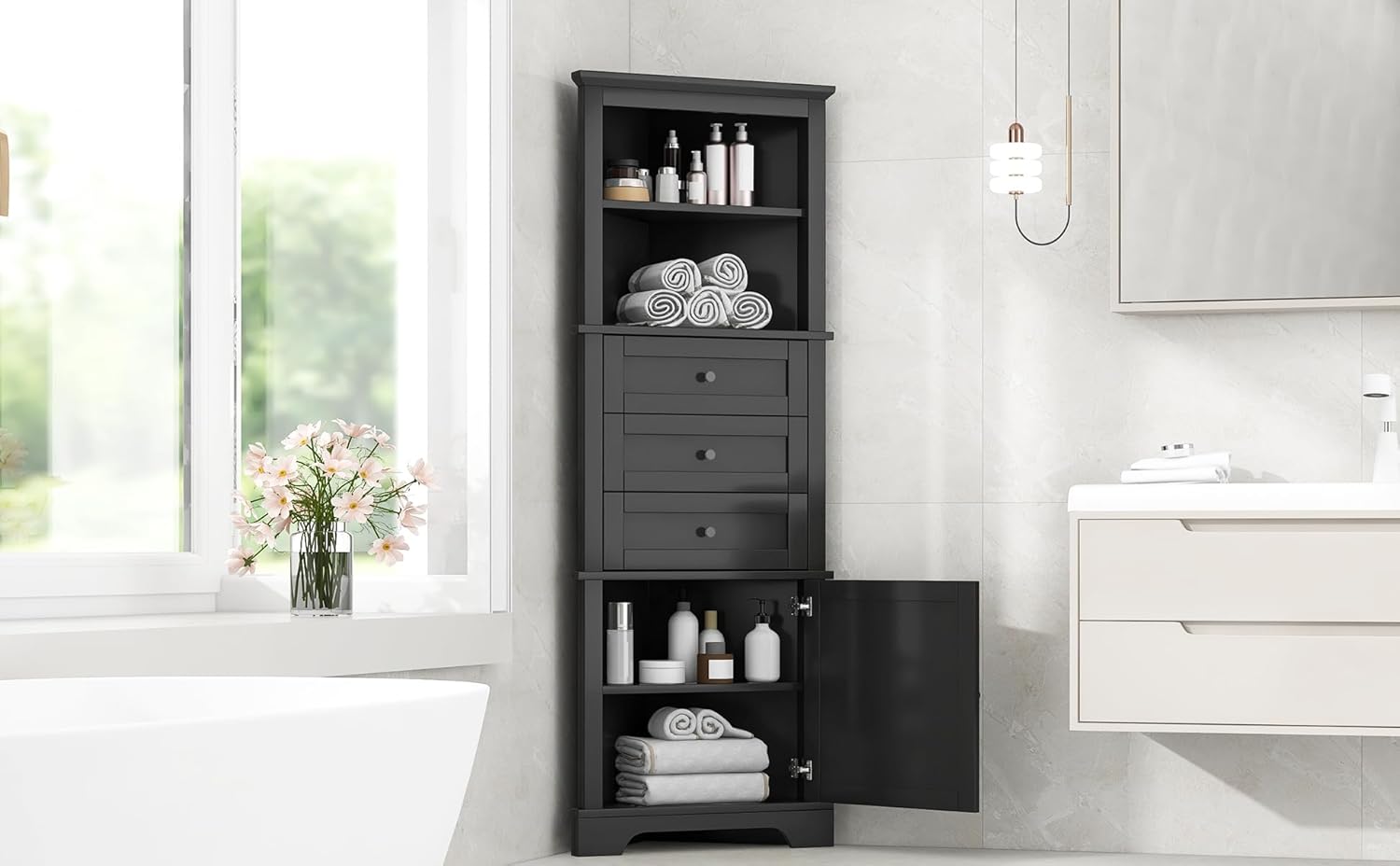 Corner Bathroom Storage Cabinet Tall, Freestanding Organizer with 3 Drawers & 2 Shelves, Narrow Floor Cabinet for Bathroom, Kitchen, Laundry Room, White Storage Shelves Unit for Small Space(Black)