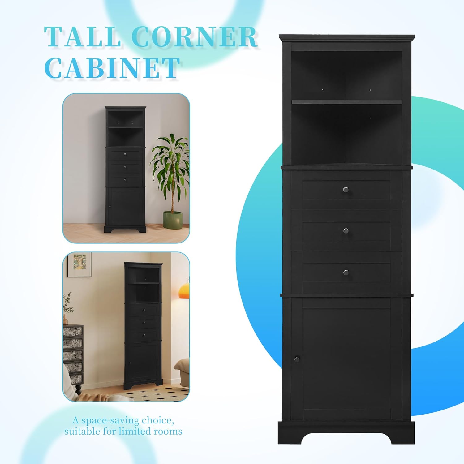 Corner Bathroom Storage Cabinet Tall, Freestanding Organizer with 3 Drawers & 2 Shelves, Narrow Floor Cabinet for Bathroom, Kitchen, Laundry Room, White Storage Shelves Unit for Small Space(Black)