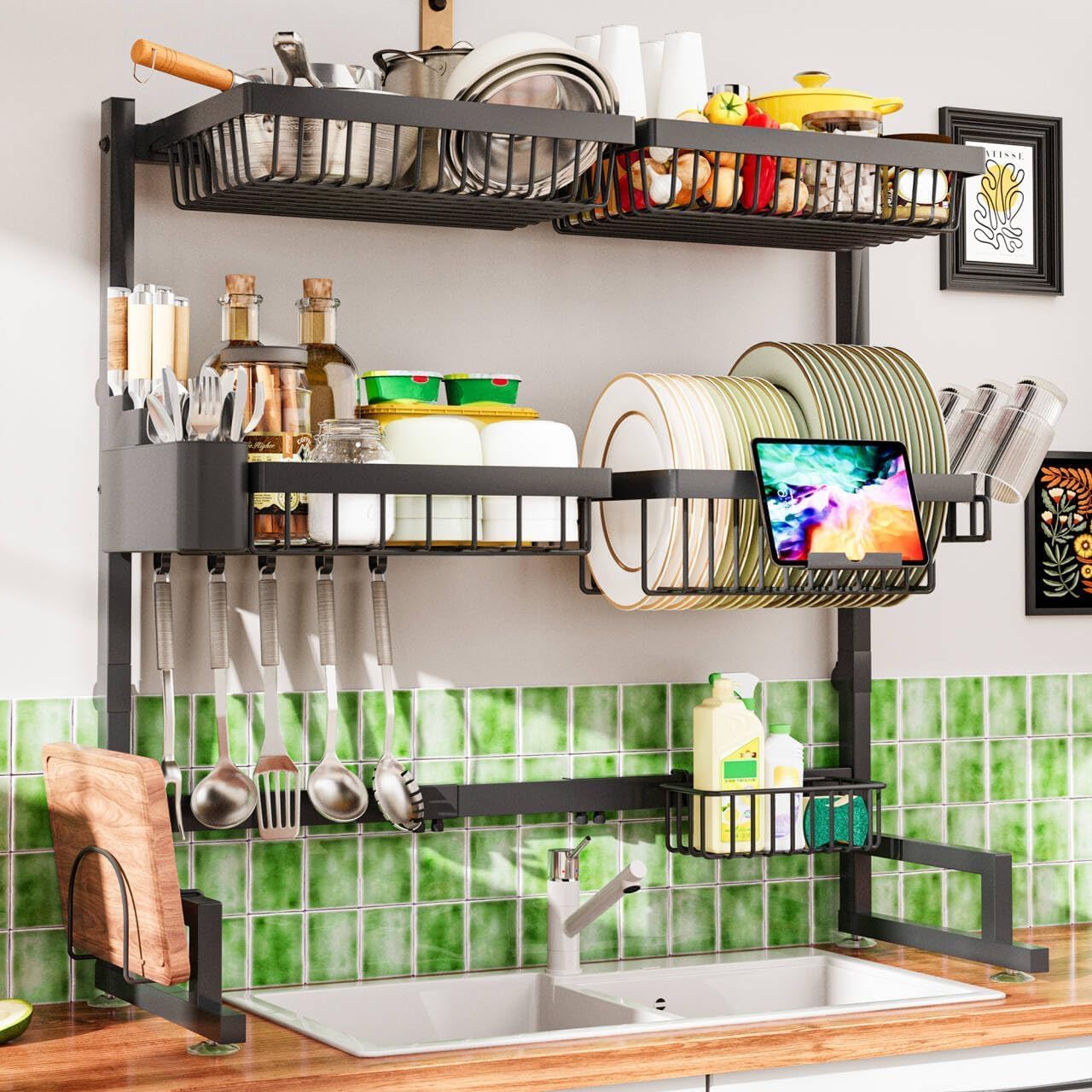 Over Sink Dish Drying Rack (Expandable Height/Length) Snap-On Design Large Dish Drainer Storage Counter Organizer (31-39.5L x 12W x 34-38H inches)