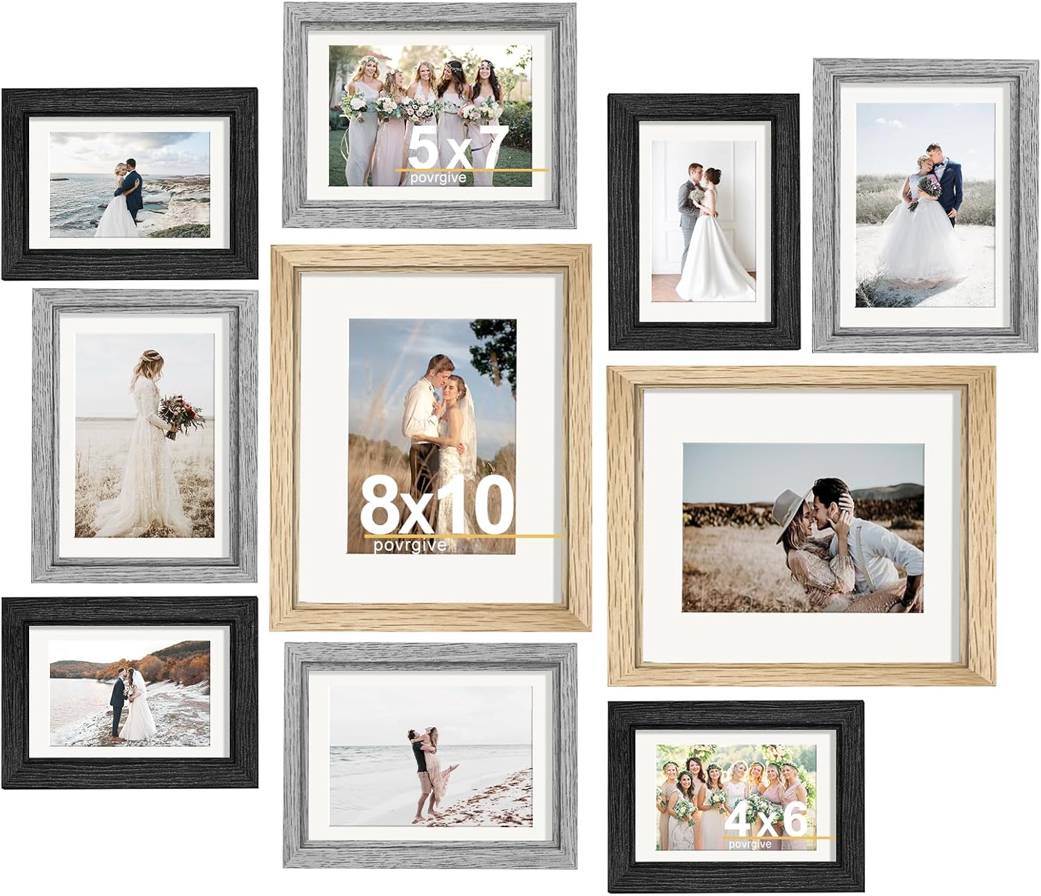 10 Pack Picture Frames Collage Wall Decor - Gallery Wall Frame Set with Mat for Wall Mounting or Tabletop Display, Including Two 8x10, Four 5x7, Four 4x6 Photo Frames, Real Glass