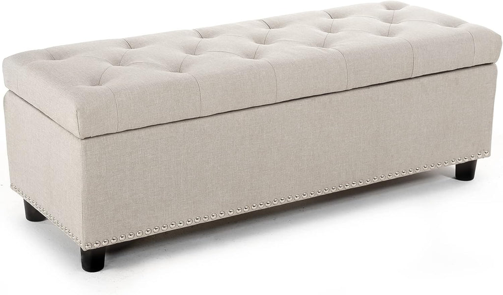 BELLEZE 47" Storage Ottoman, Storage Bench with Safety Close Hinge, Linen Button-Tufted Ottoman for Living Room, Entryway, Hallway, Foot Rest, Support 300lbs - Gray