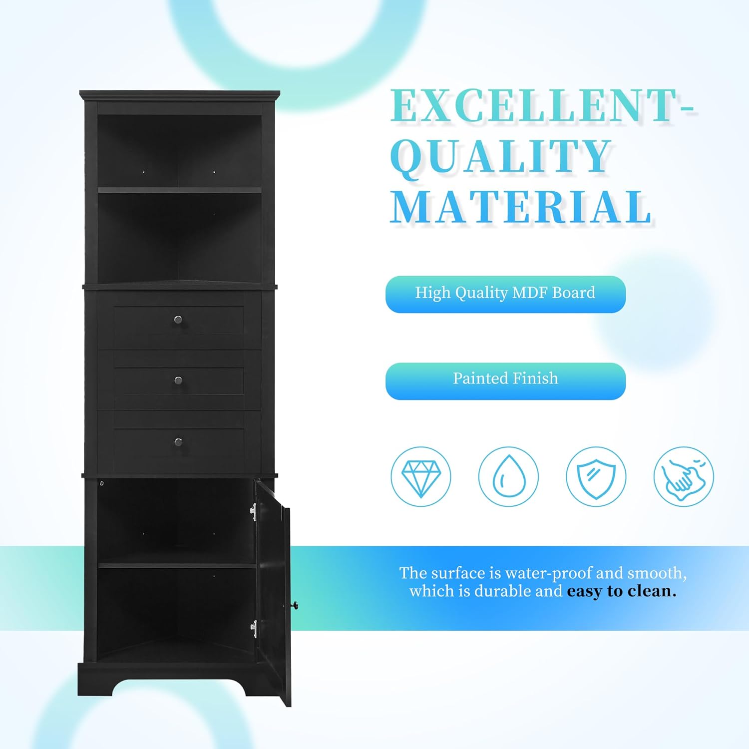 Corner Bathroom Storage Cabinet Tall, Freestanding Organizer with 3 Drawers & 2 Shelves, Narrow Floor Cabinet for Bathroom, Kitchen, Laundry Room, White Storage Shelves Unit for Small Space(Black)