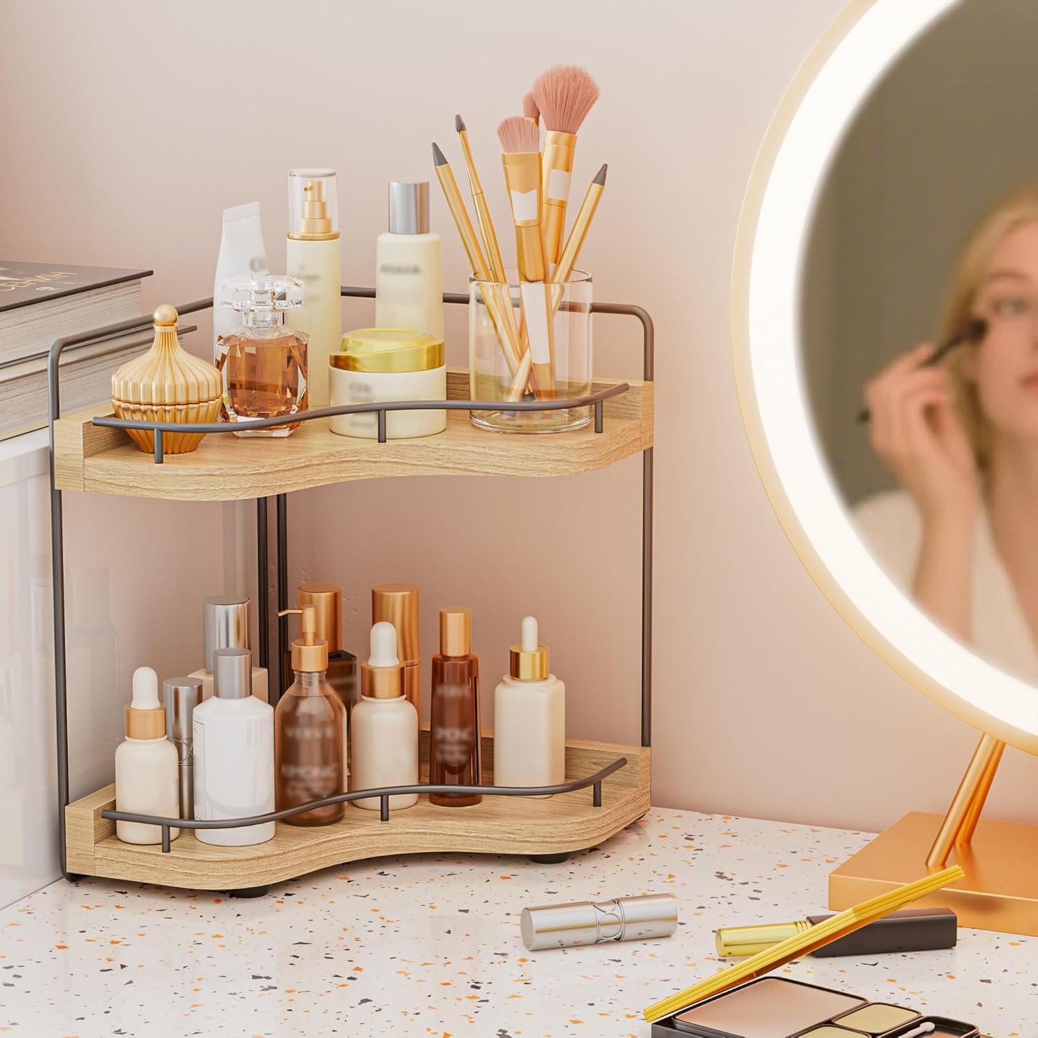 2-Tier Corner Bathroom Counter Organizer with Embedded Screw Holes, Secure & Stable Wood Vanity Shelf for Makeup and Skincare Essentials - Space Saving Bathroom Countertop Storage