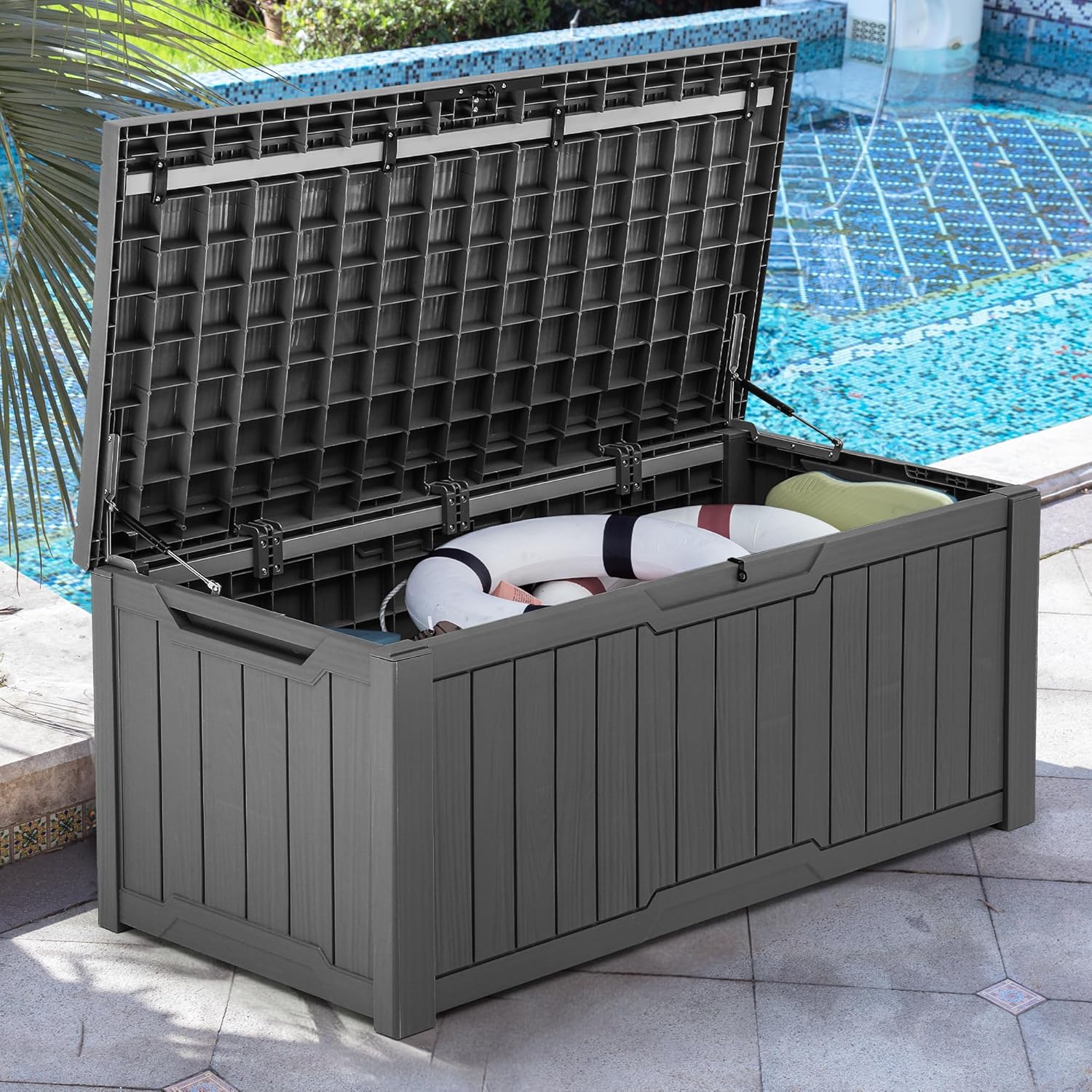 YITAHOME 120 Gallon Large Outdoor Storage Box with X-Shaped Front, Waterproof Resin Deck Box Cushion Storage Bench for Patio, Pool Supplies, Garden Tools - Lockable, Black