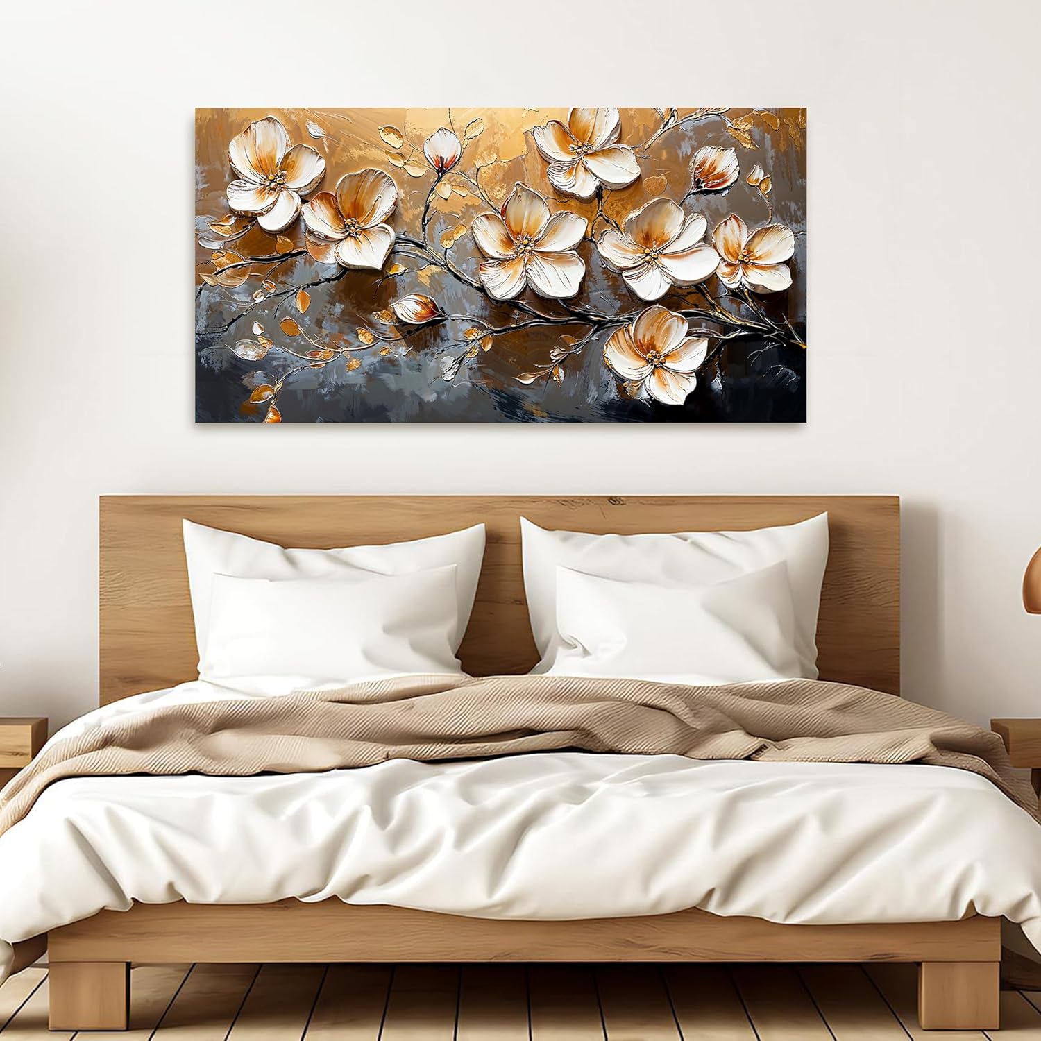 Canvas Wall Art Decor Wall Art Pictures for Living Room Vintage Floral Wall Art Decor White Gold Wall Art Prints Large Artwork for Walls Canvas Art Wall Decor for Bedroom Office Wall Decor 20" X 40"