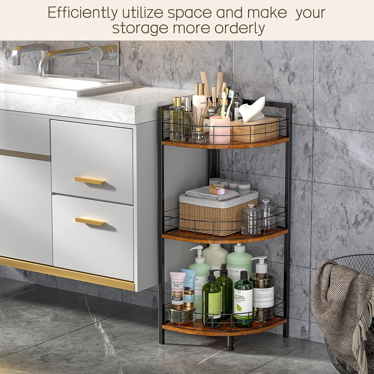 Bathroom Standing Shelf, 3 Tier Open Floor Shelves, Free-Standing Shelf Units, Triangular Curved Corner Shelf Stand for Small Space, Ideal for Bathroom,Kitchen,Vanity Storage and Organizer