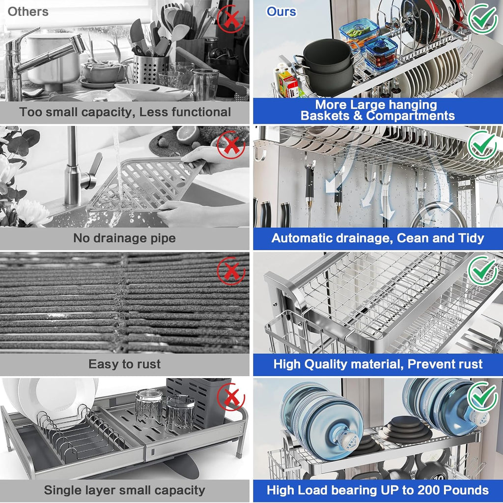 Over The Sink Dish Drying Rack,3 Tier Adjustable Length Full Stainless Steel Large Storage Kitchen Dish Rack,for Kitchen Counter Expandable Multifunctional Organizers,Silver (25.98-37.6")