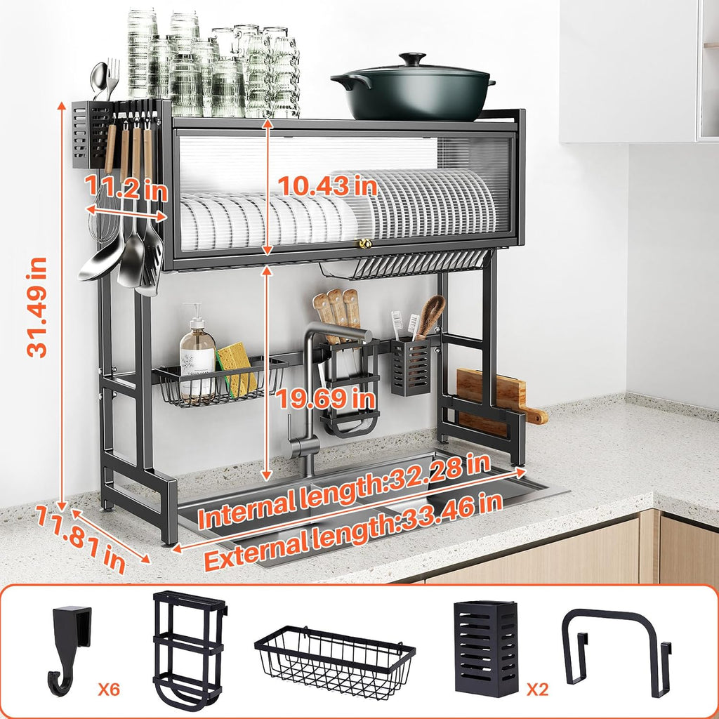 Over The Sink Dish Drainer Drying Rack 3 Tiers with Cover, Keep Kitchen Sink Shlef Organized Space-Saving Dish Drying Rack, Large Stainless Steel Sink Drying Rack for Dishes, Bowls, Cutlery (33.4"W)