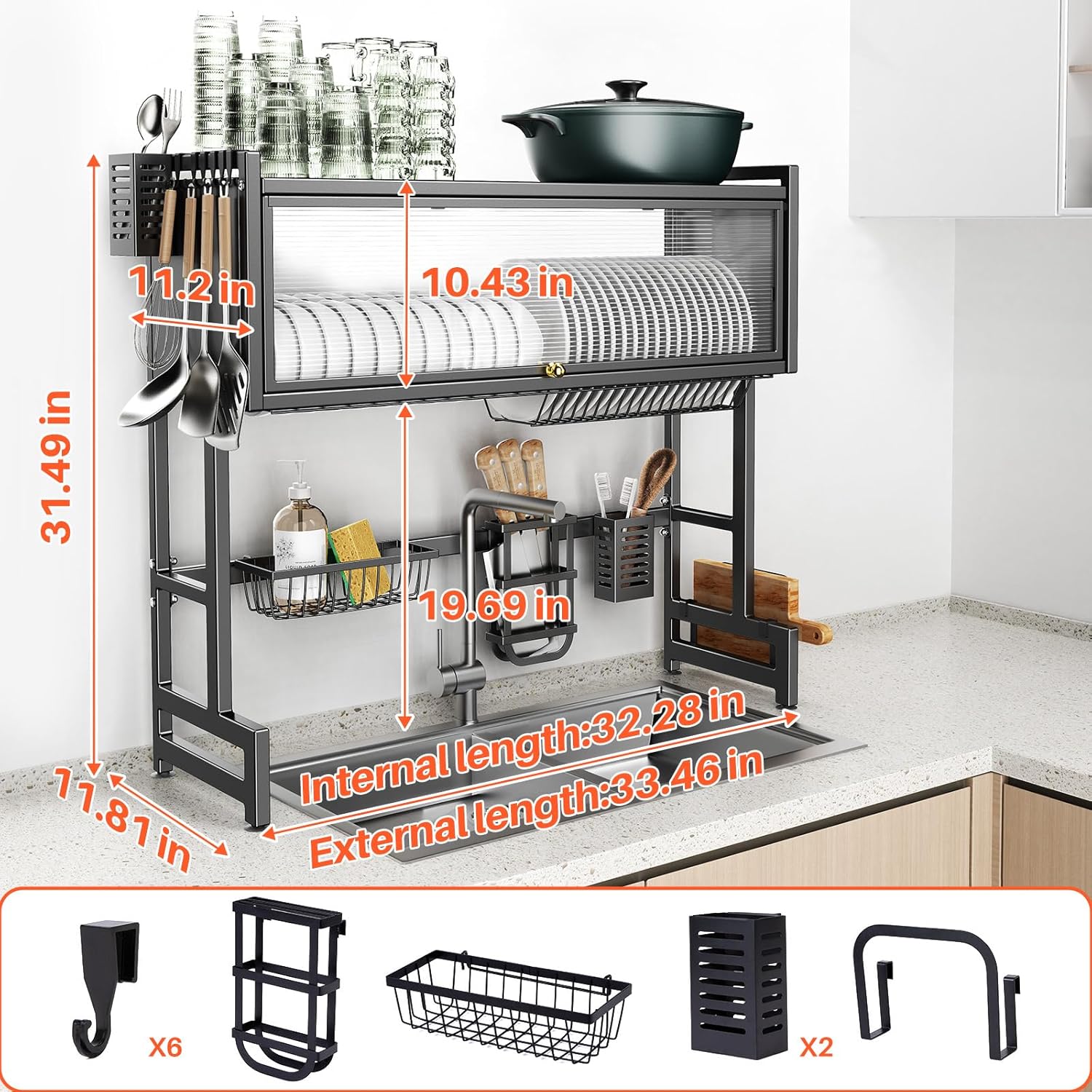 Over The Sink Dish Drainer Drying Rack 3 Tiers with Cover, Keep Kitchen Sink Shlef Organized Space-Saving Dish Drying Rack, Large Stainless Steel Sink Drying Rack for Dishes, Bowls, Cutlery (33.4"W)