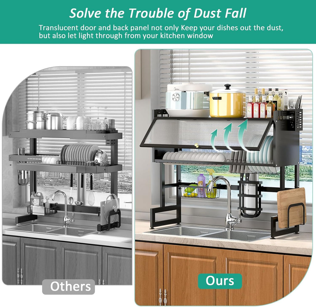 bukfen Dish Drying Rack, Over The Sink Dish Drainer Drying Rack 2 Tier Dish Rack with Cover for Kitchen (Black, Large 37.40 Length)