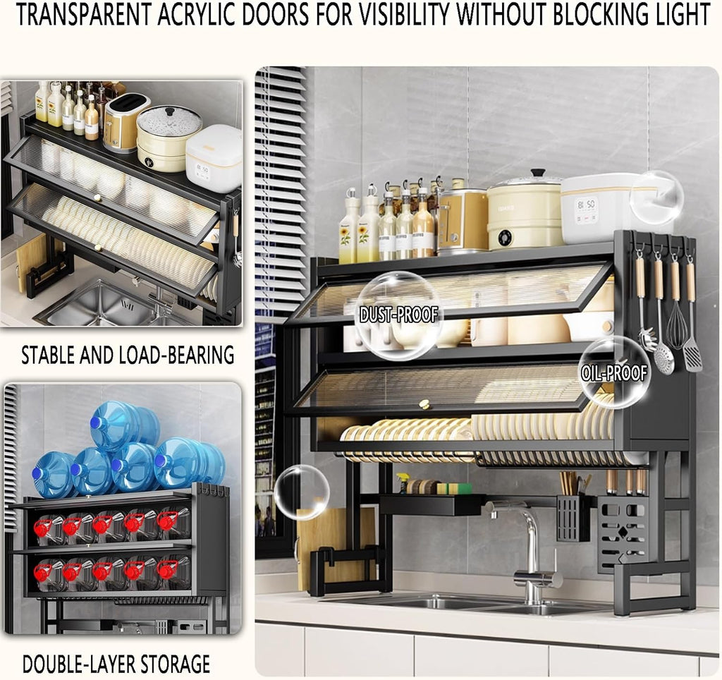 Large 3-Tier Over Sink Dish Drying Rack with Flip-top Door,Kitchen Counter Utensil Holder Organizers Space-Saving,Multifunctional Metal Counter Shelf,for Plates Bowl(White,65cm/25.6in)