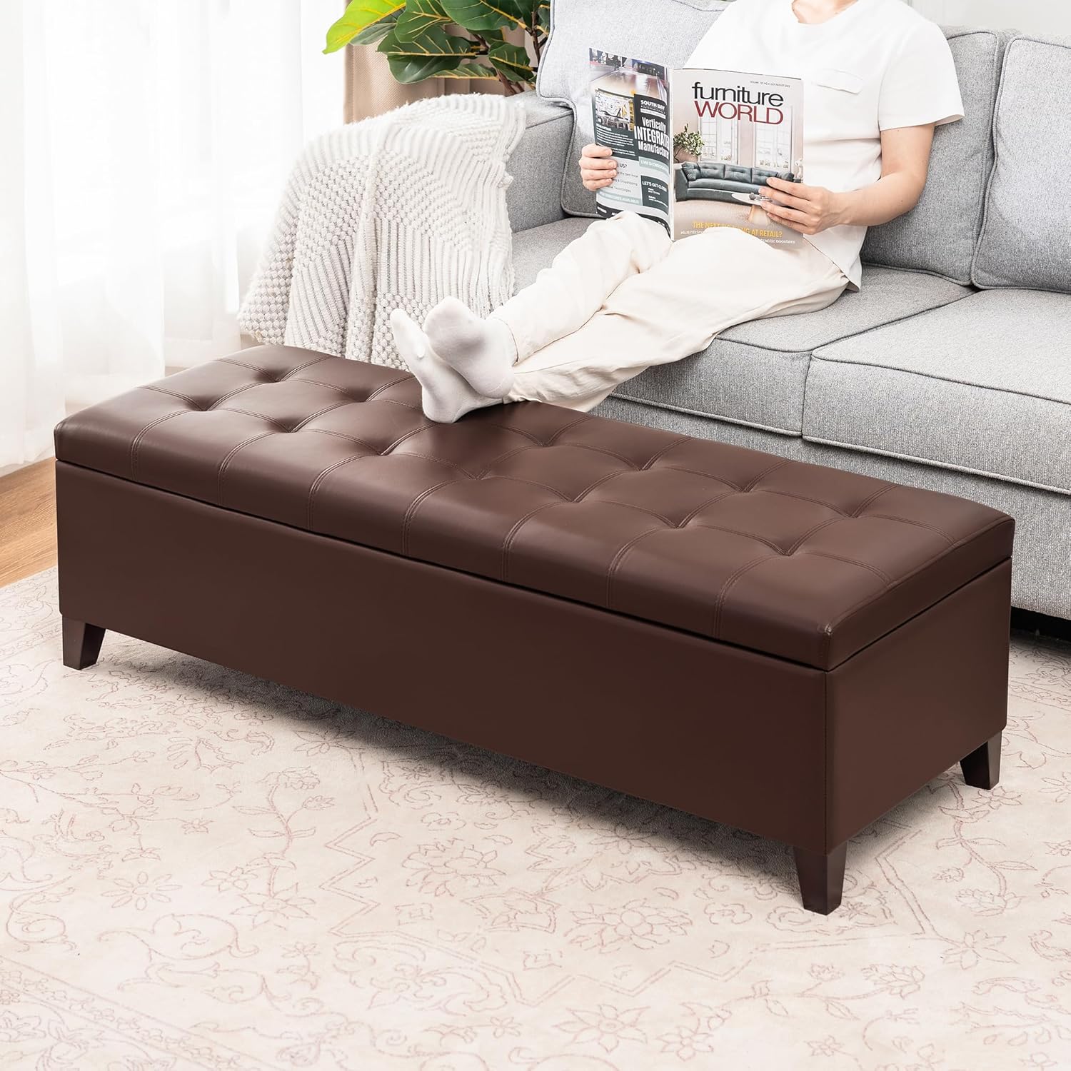 Joveco Storage Ottoman Bench, 51 Inch Leather Tufted Bench for End of Bed, Bedroom, Living Room, Dark Brown