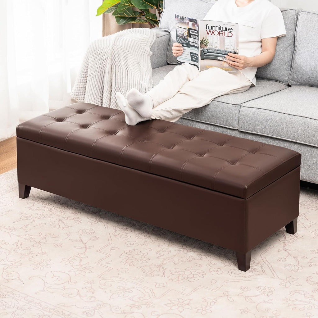 Joveco Storage Ottoman Bench, 51 Inch Leather Tufted Bench for End of Bed, Bedroom, Living Room, Dark Brown